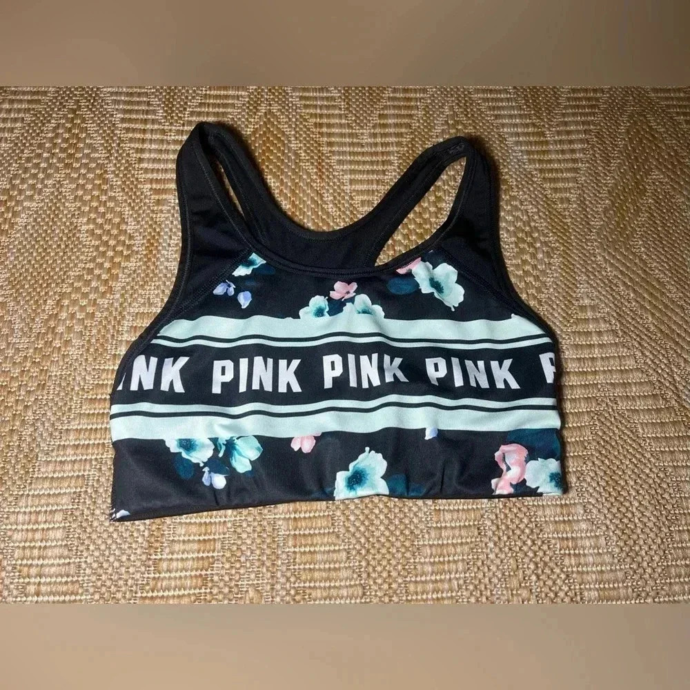 Victoria's Secret PINK Women's Black Floral Ultimate Sports Bra,Small,Racerback
